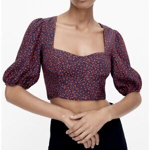 NWT Zara Micro floral Sweetheart neckline HAlf Sleeve Crop Top XL